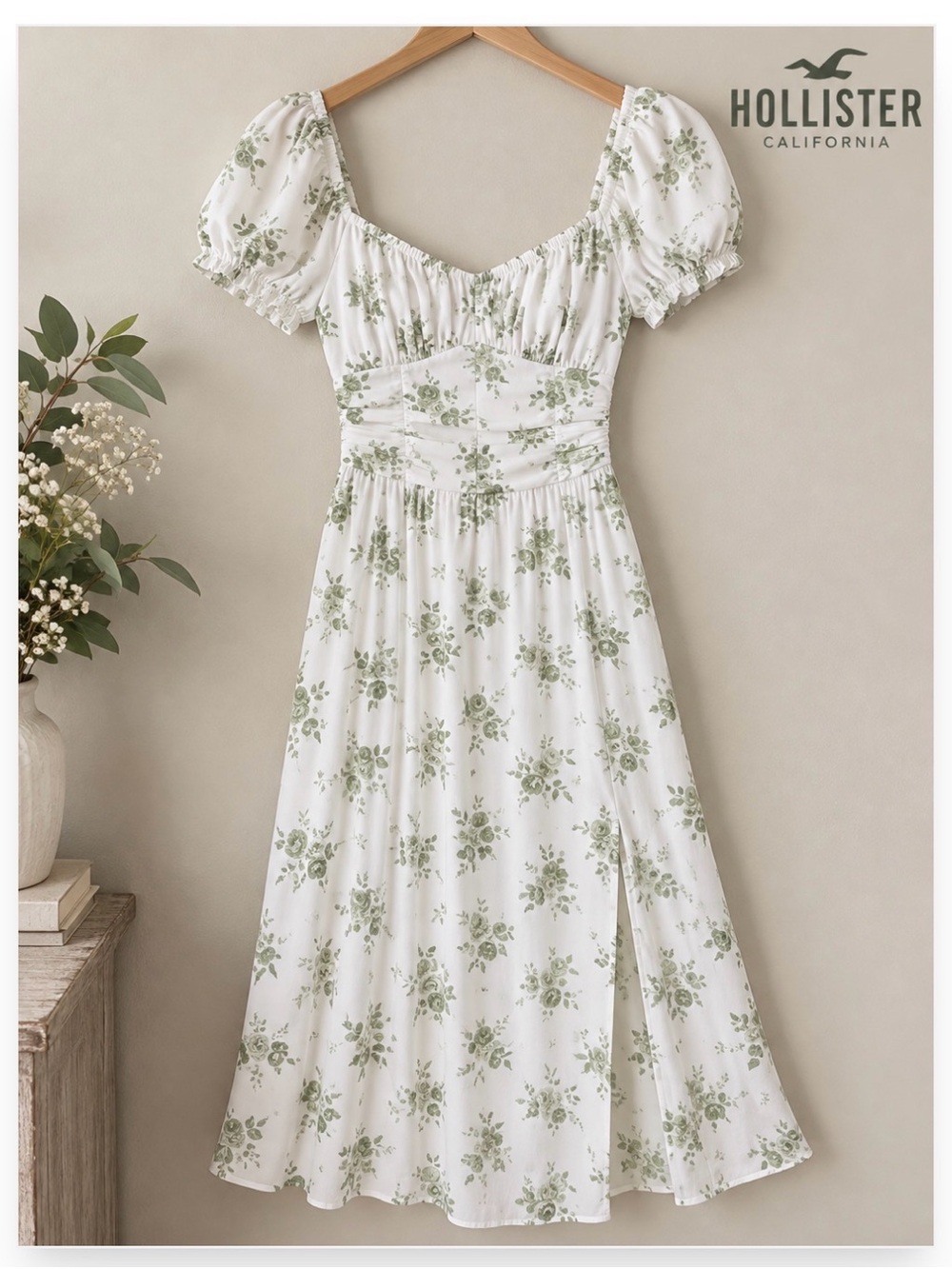 Hollister Floral Midi Dress M White Sage Green Sweetheart Puff Sleeve